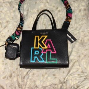 Karl Lagerfeld NWT 2 Piece Black Satchel/Crossbody with Colorful Logo + Coin bag